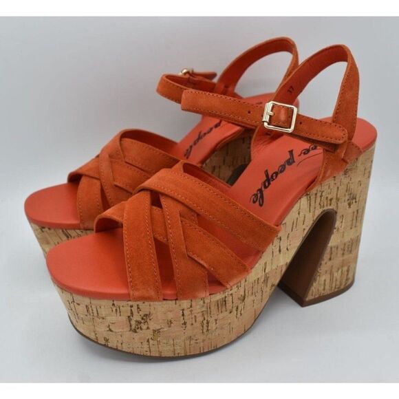Free People Size EU 38 US 8 Lisbon Sunstar Mary Jane Orange Platform Sandals